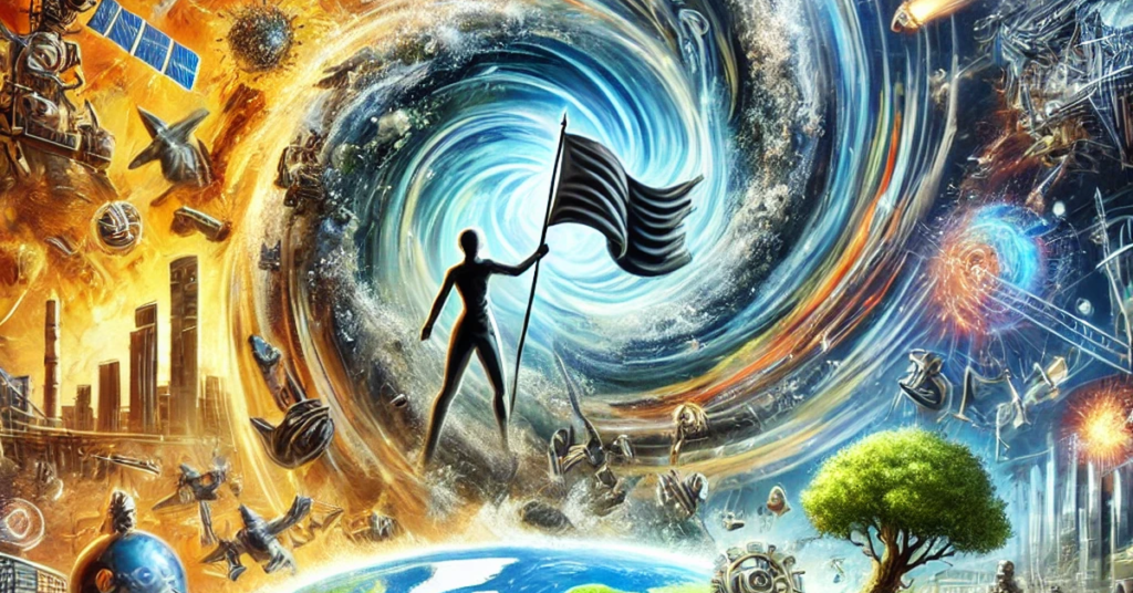 Ilustrație simbolică a transformării globale în 2025, cu un vârtej al schimbării, tehnologii avansate, tensiuni geopolitice și simboluri ale progresului și conflictului.
