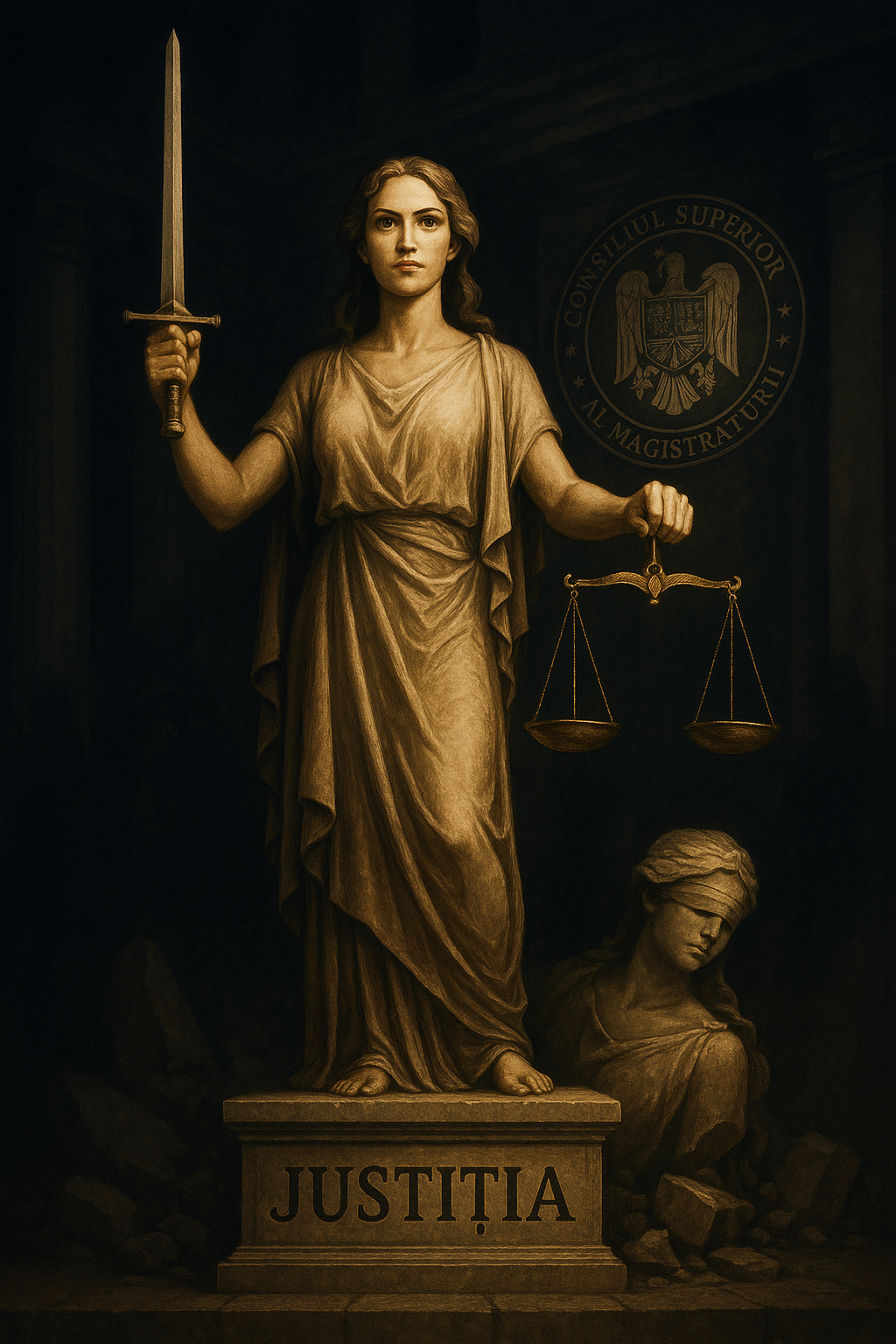 Zeița Justiției cu ochii descoperiți, simbolizând clarviziune și echilibru, în contrast cu reprezentarea clasică oarbă folosită de CSM.