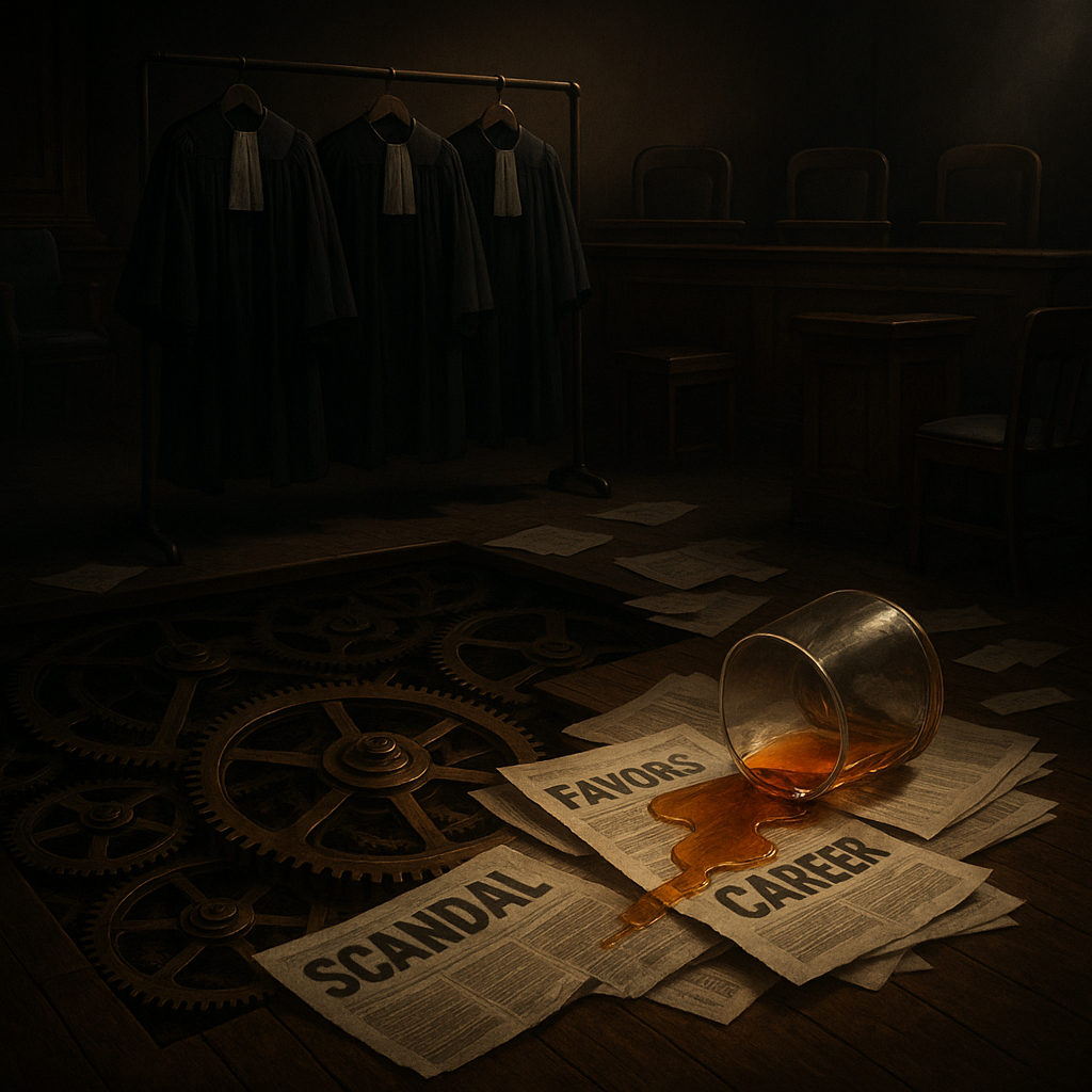 Sală de judecată întunecată cu robe de magistrat goale, ziare împrăștiate și un pahar de whisky vărsat peste titluri ca „Scandal” și „Favoruri”.