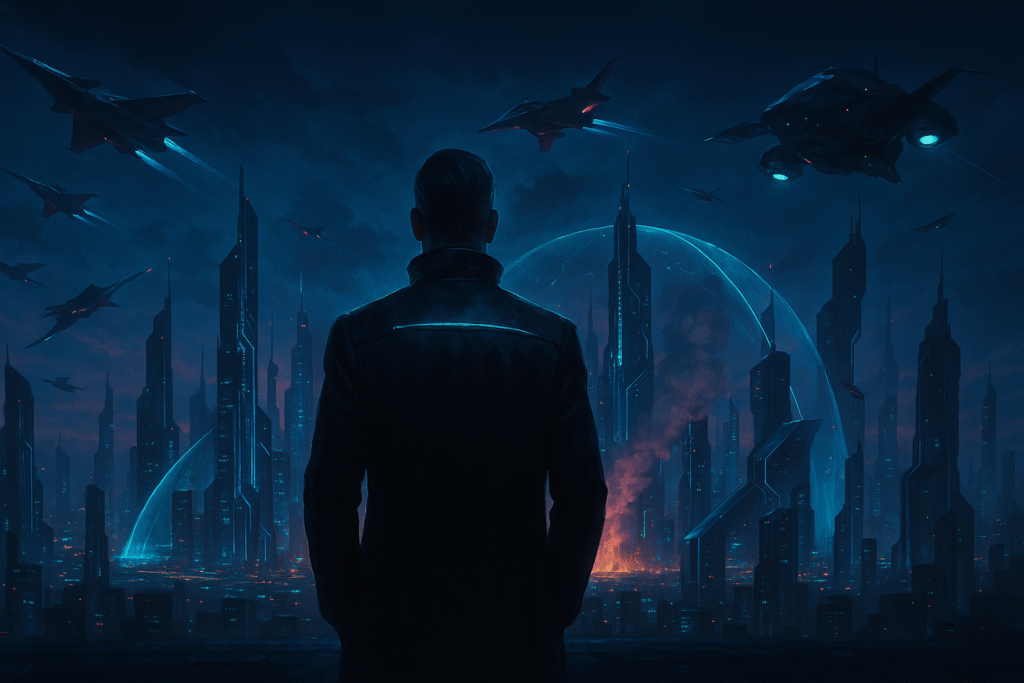 Lider cyberpunk în fața unui oraș futurist luminat neon, cu avioane și drone de luptă pe cer, simbolizând un conflict geopolitic avansat tehnologic.