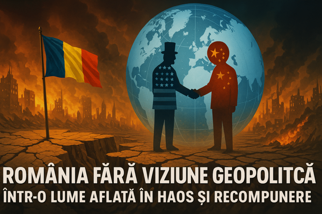 Ilustrație simbolică reprezentând o balanță a justiției într-un context geopolitic tensionat, cu elemente de putere și manipulare în fundal.