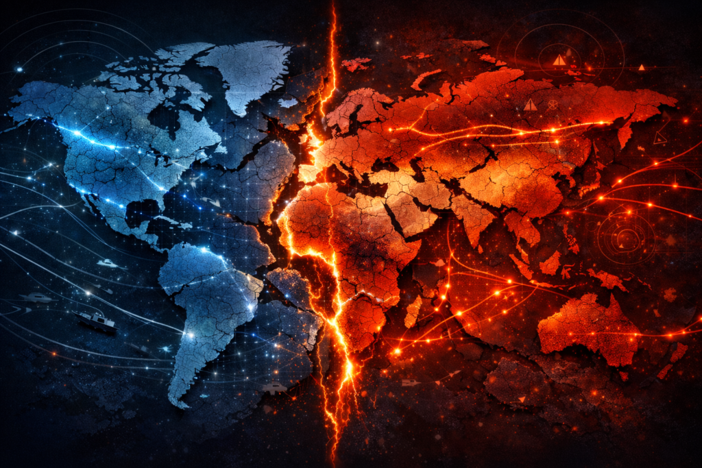 Hartă geopolitică fracturată cu fluxuri comerciale și energetice, simbol al competiției economice globale și al inteligenței economice