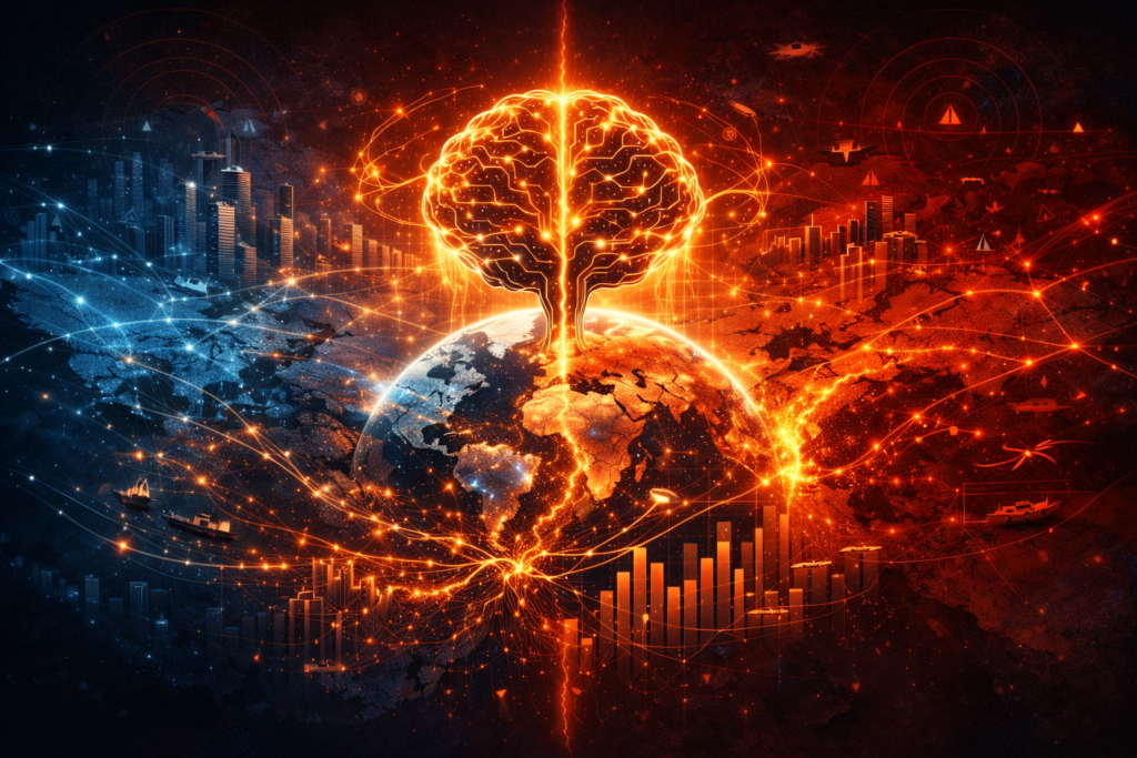 Ilustrație conceptuală despre inteligența economică globală, rețele de date, geopolitică, fluxuri comerciale și inteligență artificială în economia mondială