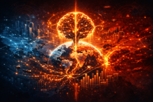 Ilustrație conceptuală despre inteligența economică globală, rețele de date, geopolitică, fluxuri comerciale și inteligență artificială în economia mondială